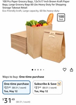100 Pcs Paper Grocery Bags, 12x7x17 Inch Brown Kraft Paper Bags, Large Grocery Bags 60 Lbs