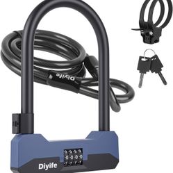 Bike U Lock and 5 Foot Steel Cable Bicycle Security D Lock NEW