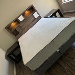 NEW QUEEN SIZE WOOD HEADBOARD WITH MATTRESS AND BOXSPRING-  BLUETOOTH SPEAKERS LIGHTS USB COMPARTMENTS 