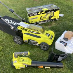 RYOBI SET LAWN MOWER AND BLOWER  One Charger One Battery 