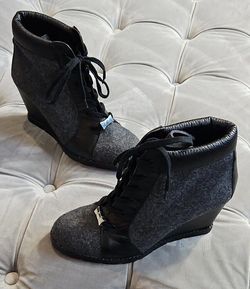Kate Spade Gray Black Leather LaceUp Wedge Heels Ankle Booties Womens Shoes 8.5
