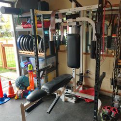 Squat Rack/ Cable Machine, Plates, Barbells, And Bench