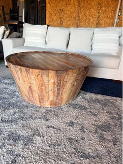38.5"**  Rustic Brown Solid Wood Round Drum Coffee Table - Distressed Finish, Artisanal Design,