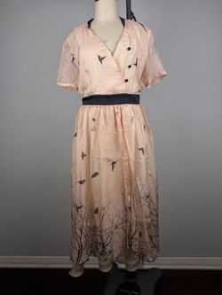 Vintage Peach 100% Silk Bird Tree Print V-Neck High Low Dress Small