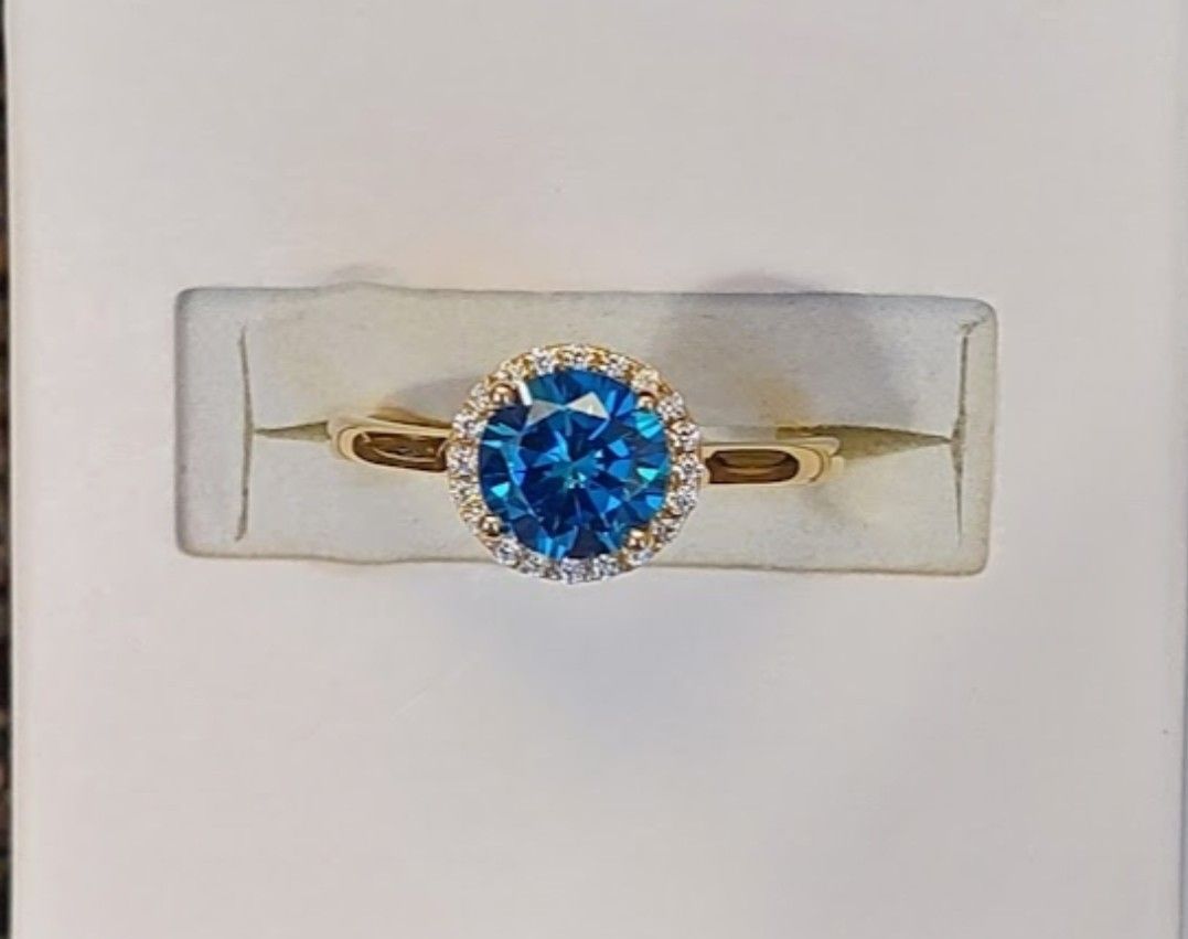 Blue Sapphire Halo White Diamond Simulants 18K Yellow Gold over Sterling Silver Ring (NWT)