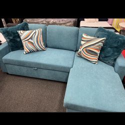 Beautiful! Turquoise Color 2-pc Sectional Sofa Pull- Out Bed With Storage 83”x 56”