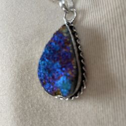 Handmade Natural Titanium Druzy Gemstone Pendant And Sterling Silver 23” Necklace 