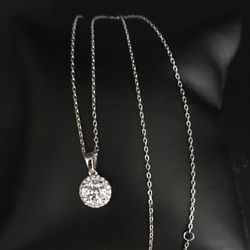 925 Sterling Silver 1.00CT MOISSANITE Halo Pendant chain Necklace Size 18” Adjustable 