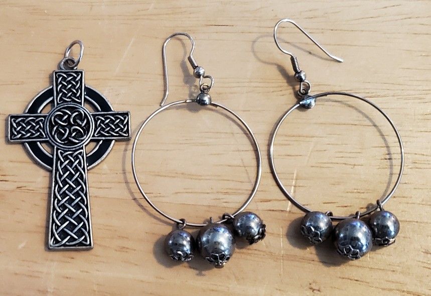 Vintage Set. Celtic Cross Pendant And Earrings With Hoop/4 Balls Hanging