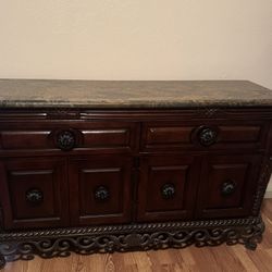 Antique Style Marble Veneered Top Sideboard, With Two Drawers & Four Doors, On Wrought Iron Legs