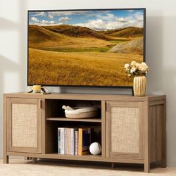 59”TV Stand for Living Room : Rattan TV Console Cabinet with Storage and Shelf, Boho Entertainment Center, for 55, 65 Inch TV, 26" Tall Television Sta