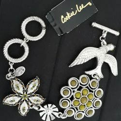 Cookie Lee Boho Western Floral Bird Crystal Toggle Bracelet 