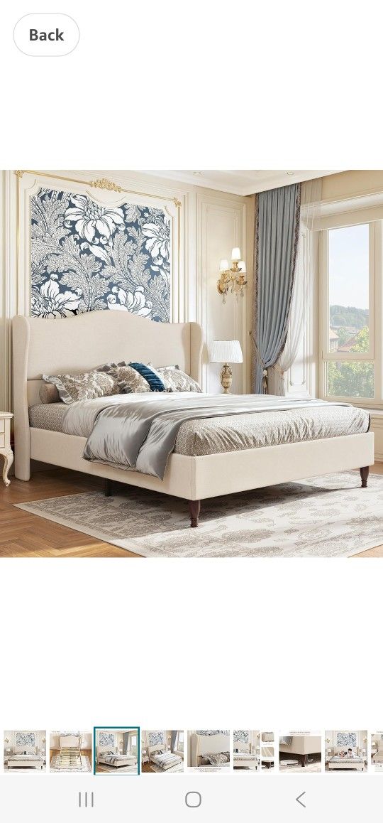 Konprosp Full Size Bed Frame with 51" Tall Headboard, Chenille Upholstered Platform Bed Frames with Classic Curved Wingback & Retro Wood Legs, No Box 