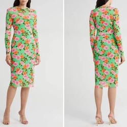 AFRM Mesh Midi Dress. Authentic. New With Tags. Long sleeve. Crewneck. Lined. Green Pink. Size M women's