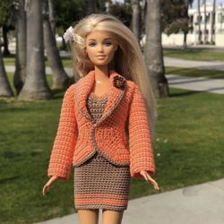 Handmade Barbie Clothes – 3 Pc Knit Outfit – Jacket, Top, Skirt – Fall Colors