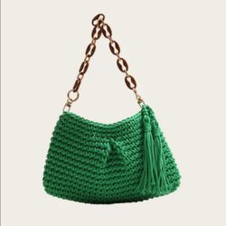 Green Crochet Shoulder Bag with Chain Strap