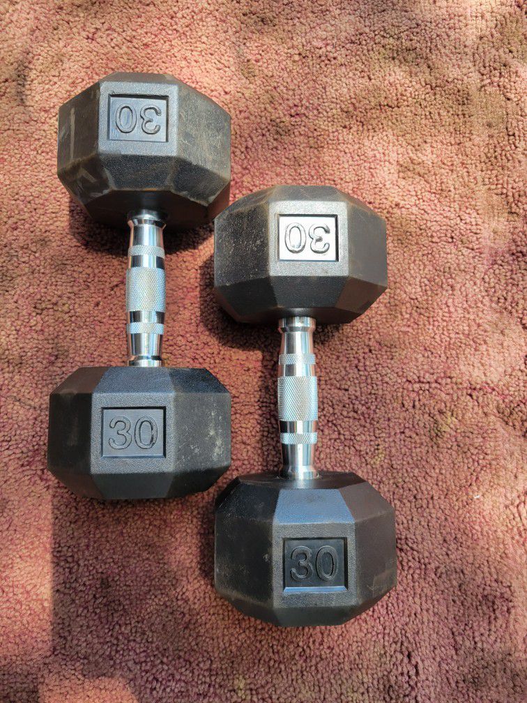 SET OF 30LB RUBBER COATED HEXHEAD DUMBBELLS
 TOTAL 60LBs. 
7111  S. WESTERN WALGREENS 
$70  CASH ONLY AS IS