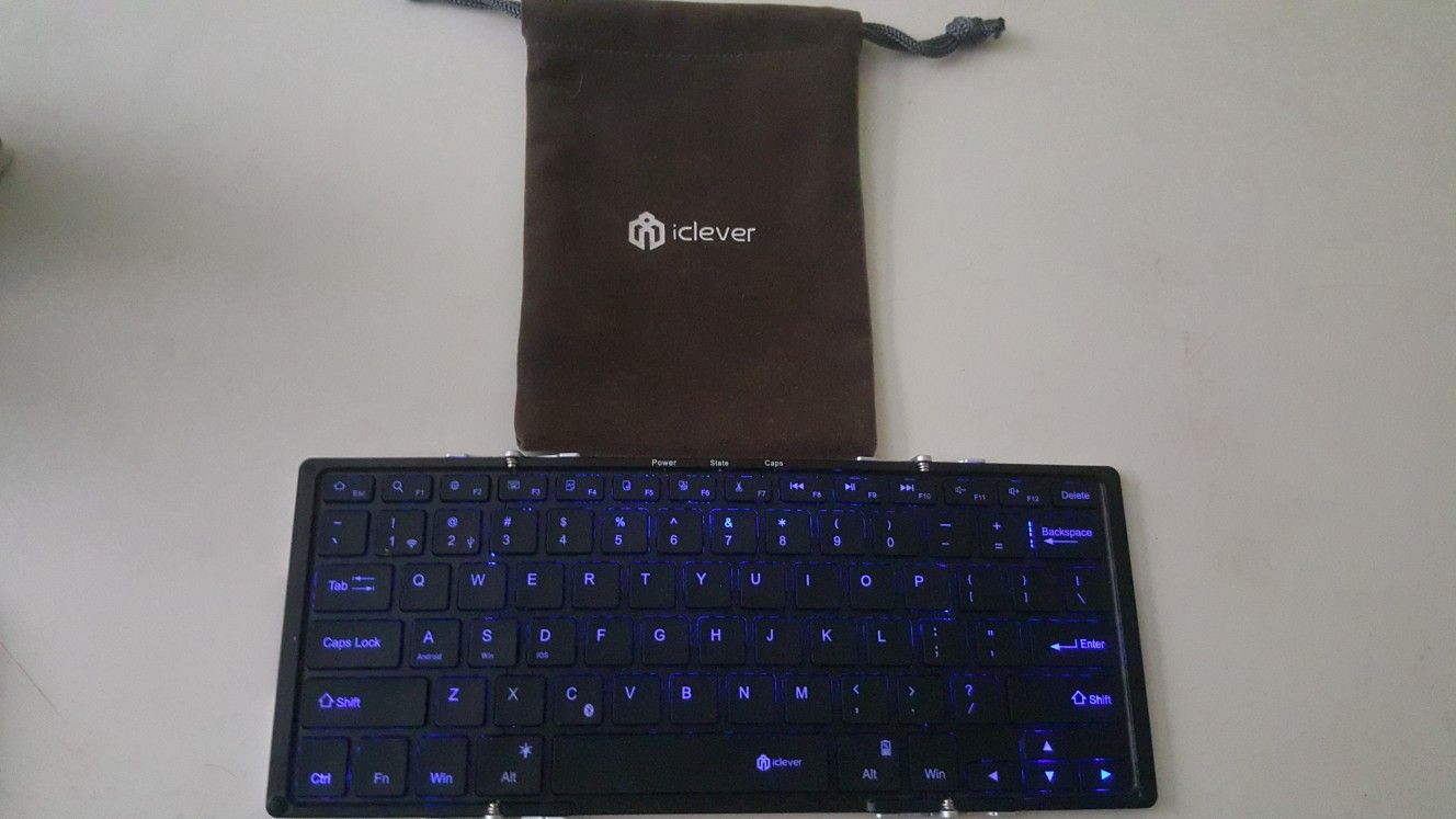 iClever Foldable Bluetooth keyboard with light key.