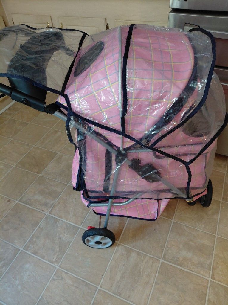 Pink Plaid Pet Stroller / Dog Cat Pram w/ Rain Cover & Cupholders