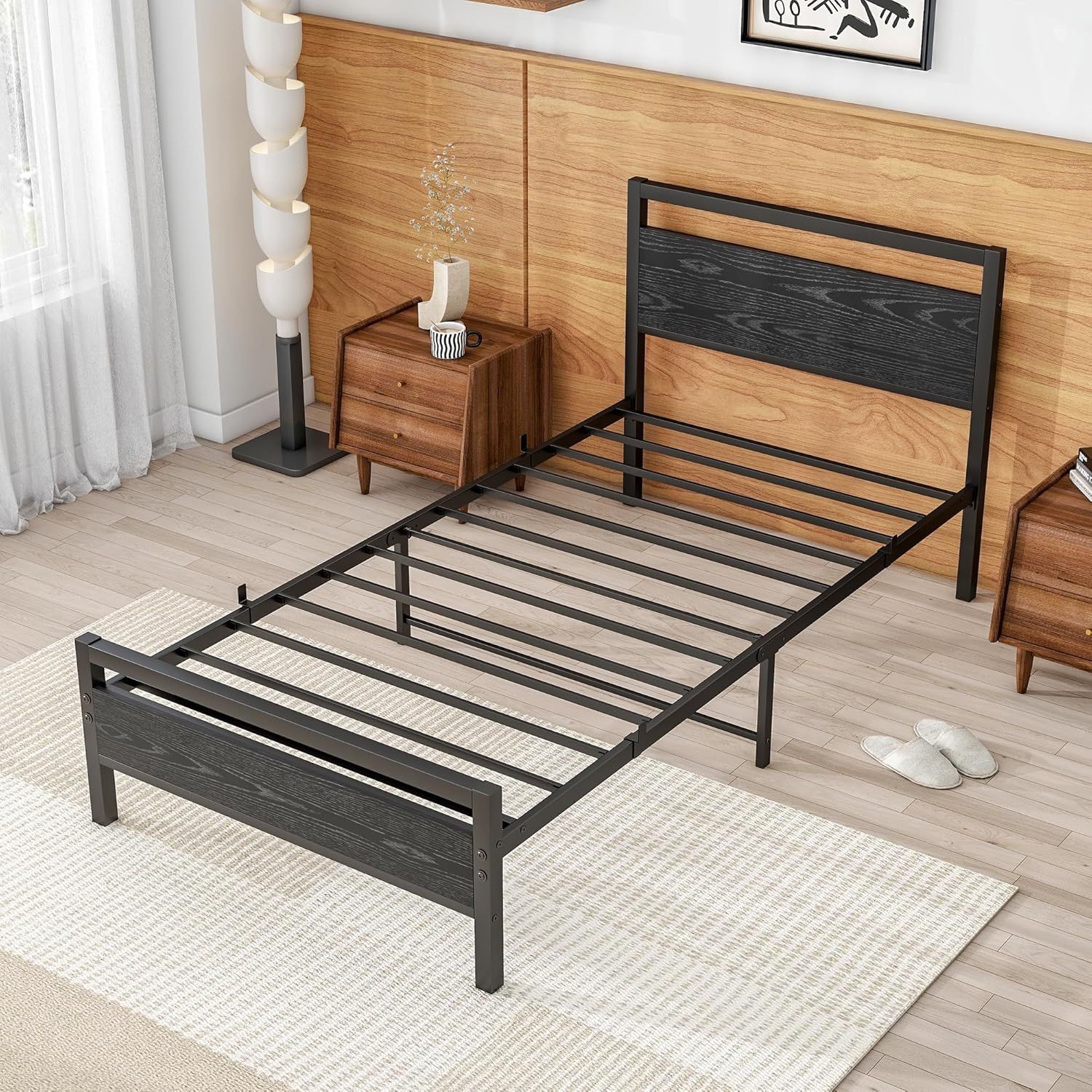 Twin Bed Frame with Wood Headboard,Metal Single Platform Bed Frame Twin Size No Box Spring Needed,Heavy Duty Metal Slats Support,Noise Free,Sin