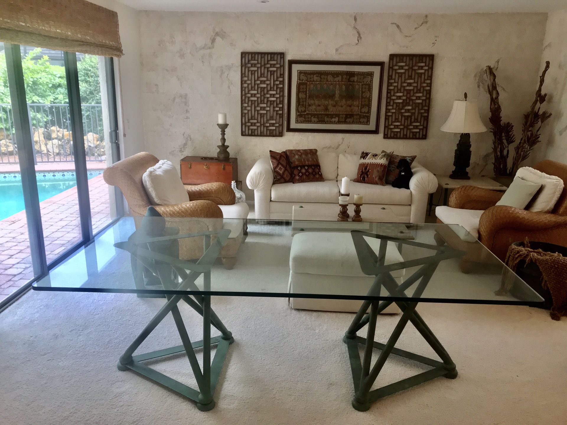 Dining room table, 3/4” glass, 42 X 84 modern, beautifully made, high end.