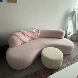 Large Curved Sofa - 95" Wide - Blush Pink / Solid Wood Frame