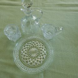 Glass Vinegar Pitcher, Individual Cream And Sugar, And Plate