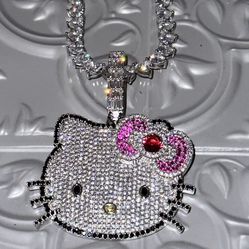 18 K Gold Plated Hello Kitty Pendant With All Heart Tennis Chain 