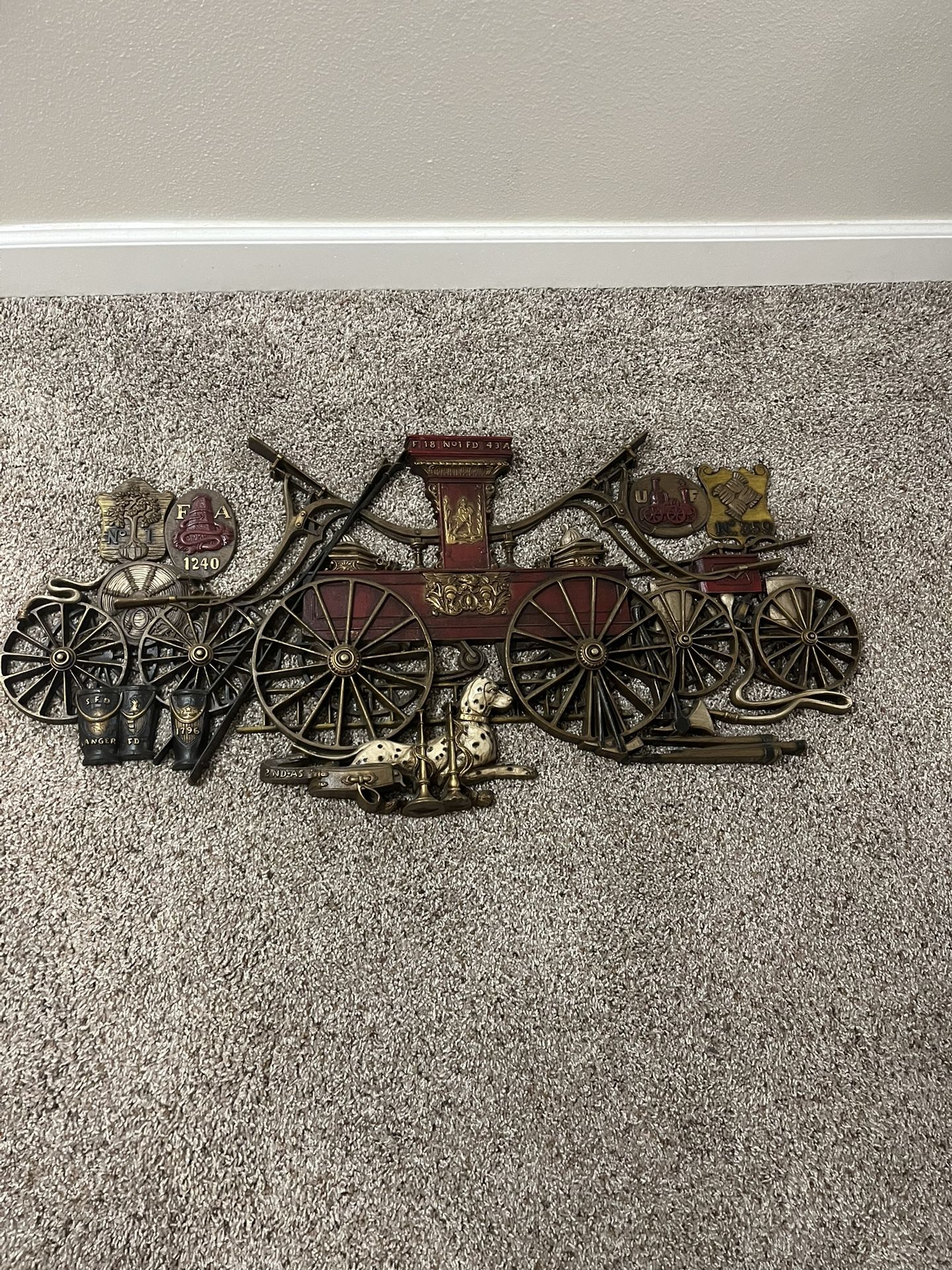 Vintage 1971 Burwood Antique Fire Engine & Dalmatian Wall Hanging Plaque