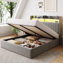 Queen Size Lift Up Storage Bed Frame/LED Lights/Charging Station/2-Tier Shelves Headboard/USB,Type-C Ports/Velvet Upholstered/Hydraulic Support/No Box