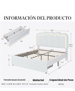 Cama Queen con luz y cajones