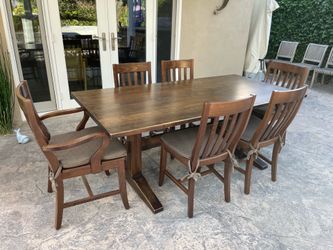 Pottery Barn Solid Wood Farmhouse Trestle Table and Six Chairs