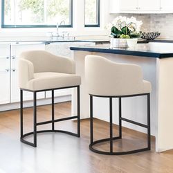 0961 LUE BONA 27" H Counter Height Bar Stools Set of 2, Modern Counter Stools with Curved Backrest and Arms, Black Metal Frames, Linen Fabric Upholste