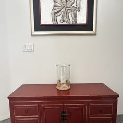 Asian Inspired Red Lacquered Low Cabinet