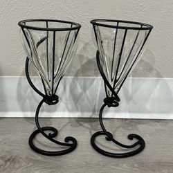 Hand Blown Glass And Iron Candle Holders, Set Of 2