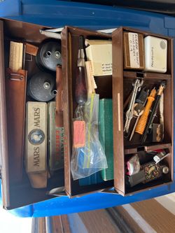 Vintage Tool Box Full Of Items Pens Slide Rules Lock Etc