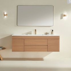48-inch wall-mounted vanity features light wood construction with ribbed drawer detailing.
