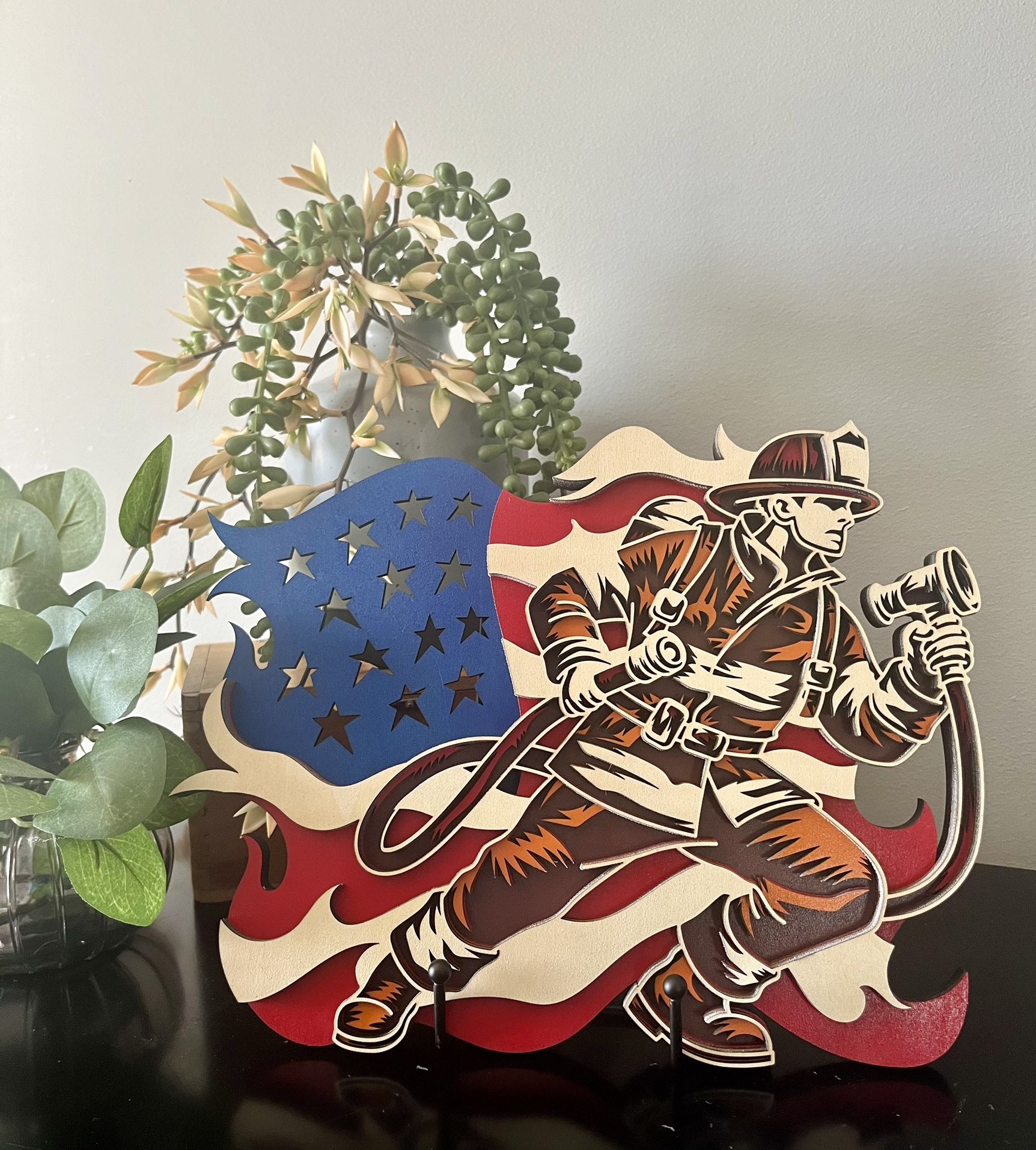 Firefighter Gift | Patriotic American Flag | Multilayered Wood Display 