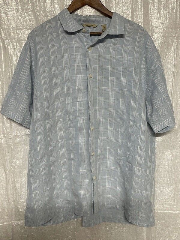 Light Gray Plaid Short Sleeve Button Shirt XXL Casual Summer