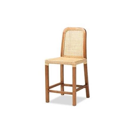 Baxton Studio Caspia Mid-Century Wood & Natural Rattan Counter Stool