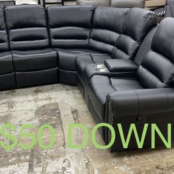 (90 Day Finance & Free Delivery) New Black Leather Set with Cup Holders 