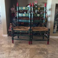 Pair Mexican Folk Art Hand Pained Adult Chairs W/woven Seats