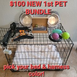 Brand New - New Pet Packages- Med'lrg 2 Door Dog Crate Alone $50/ Package With Crate Bed 2 Bowls Leash Harness & More $100