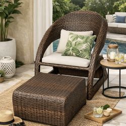 New Wicker Patio Lounge Chair with Ottoman – Lightweight – 400lb Capacity（no Cushions)