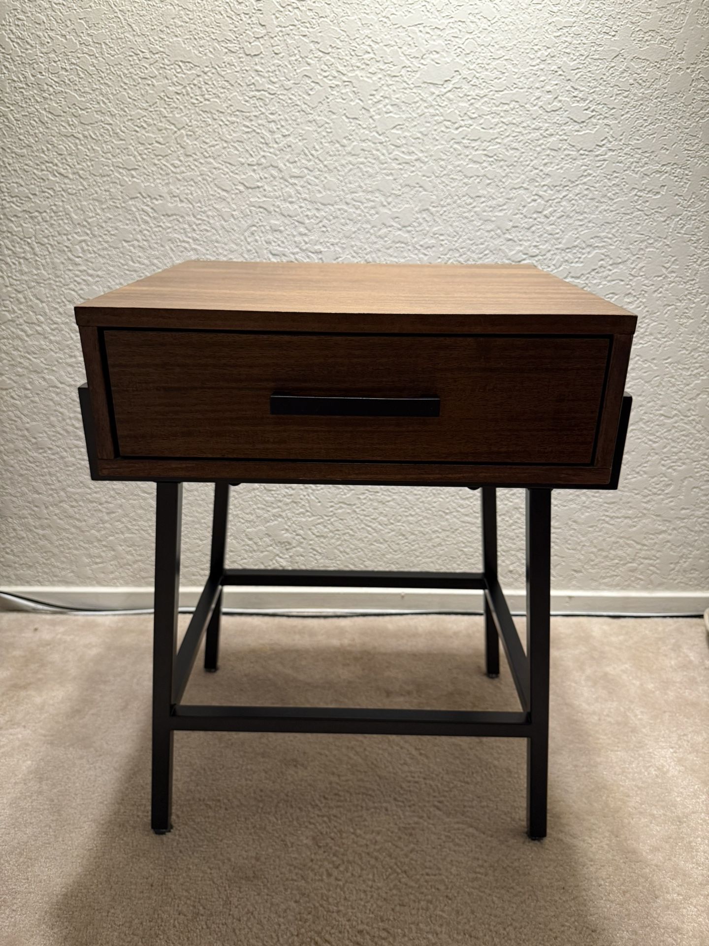 Walnut Brown One-Drawer Nightstand/Side Table w/ Black Metal Legs