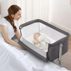 Bed Side Sleeper, Height Adjustable Bassinet Bed Easy Assemble, Breathable Mesh, for Infant/Newborn/Baby Boy/Baby Girl (Gray) 