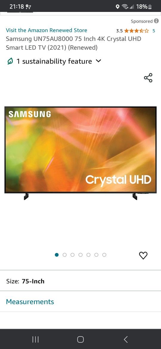 SAMSUNG 75-Inch Class Crystal UHD AU8000 Series - 4K UHD HDR Smart TV with Alexa Built-in (UN75AU8000FXZA, 2021)
