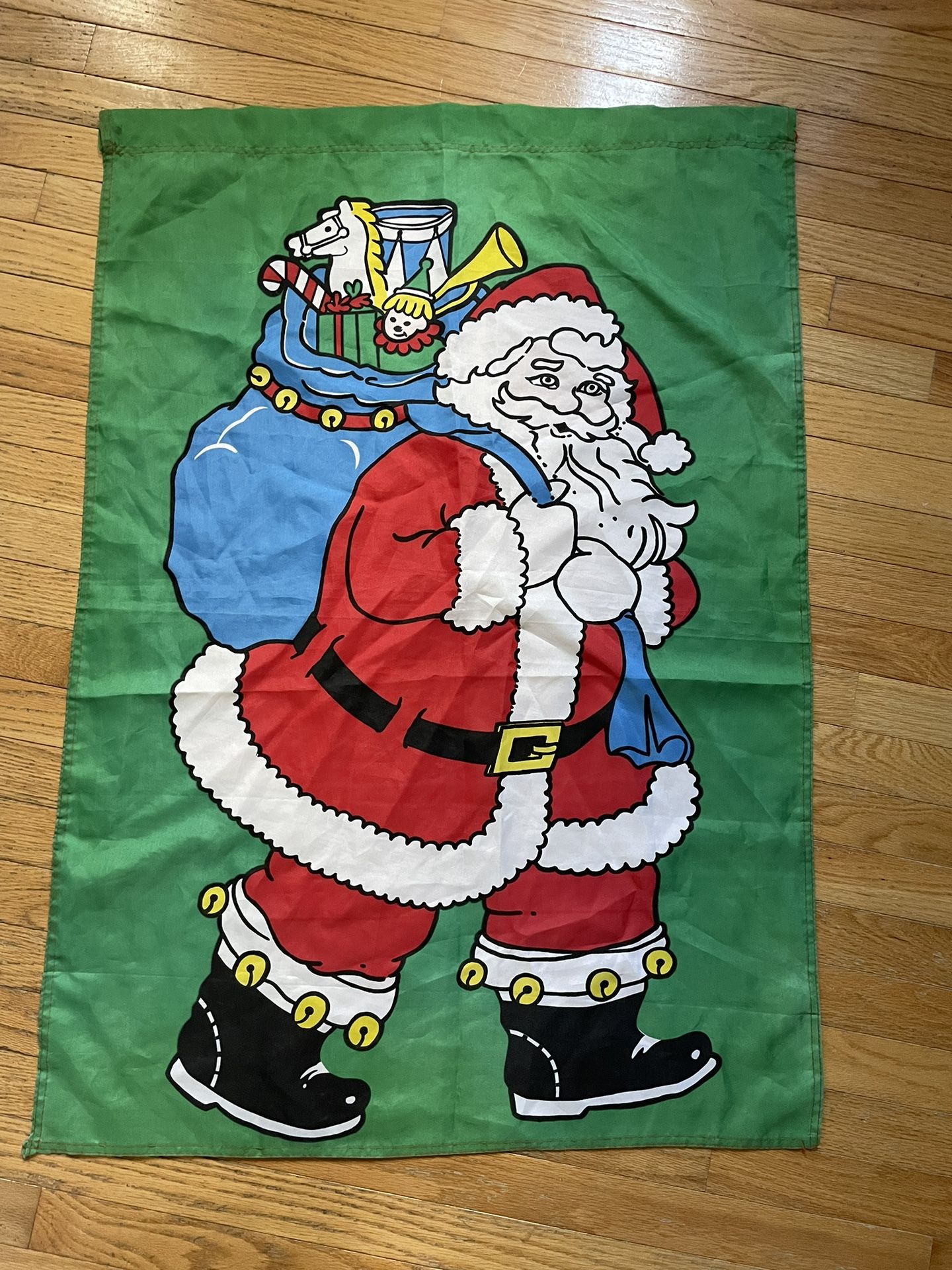 Vintage Emson Outdoor Santa Clause Garden Flag Red Green Holiday Christmas