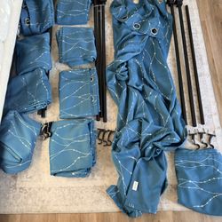 Blue Star Pattern Curtain Panels and Black Metal Rod Set