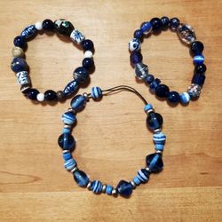 Blue and White Beaded Bracelets, set of 3
